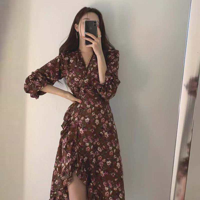 Skirt in autumn shade apparent flower new dress orange terrier French skirt fragmented spring and autumn light wind dress