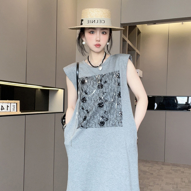 Sleeveless dress for women 2025 summer new style lace splicing hem heavy sequin metal chain round neck long skirt