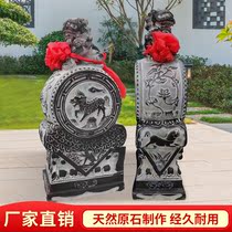 Stone carved door mound with drumstone a pair of antique greens small Elephant Kirin stone Lions Courtyard Doorway Pendulum Stone Drum Door Mound