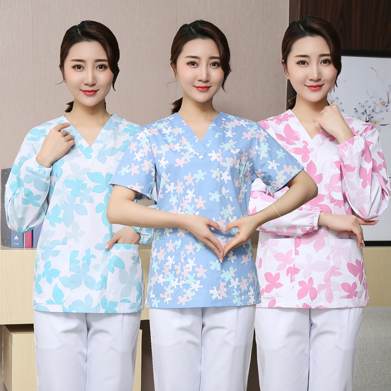 Jane Fie loves handwashing clothes Broken Flowers Brushed Hand Clothes Summer Clothing Short Sleeve Pet Hospital Female Doctor Housewife Work Clothes