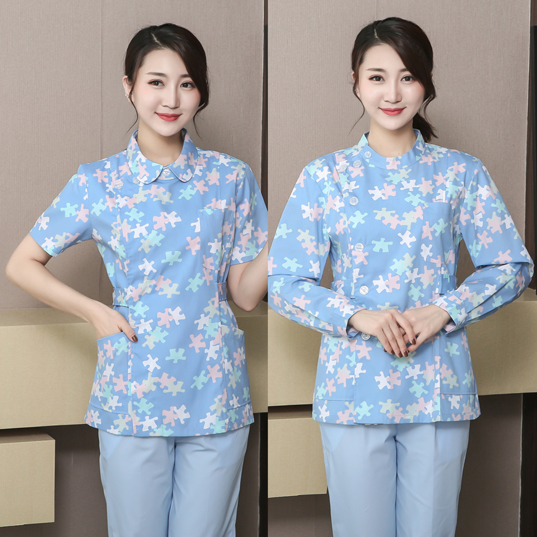Building block flower nurse's clothing long sleeve two-piece set short sleeve slim oral mother and child care service housekeeping month work clothes