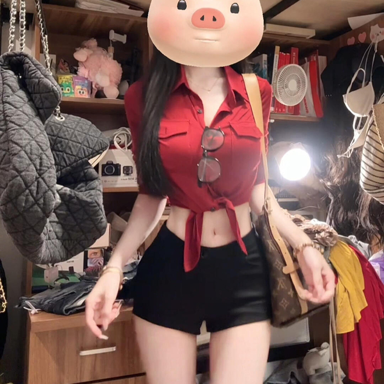 Red Pure Desire Polo Collar Shirt for Women, Summer Spicy Girl Outfit, Sexy Slim-Fit Waist-Cinching Shirt, Cropped Top