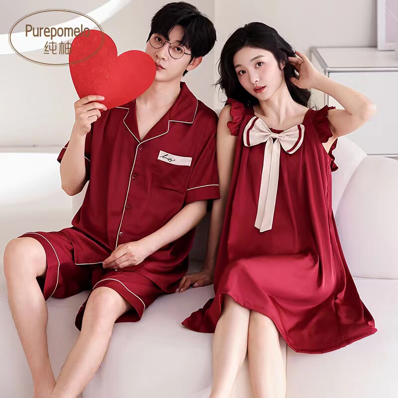 Wedding Honeymoon Ice Silk Couple Pajamas Summer Nightgown Women's Burgundy Zodiac Year Short-Sleeved Men's Loungewear Set