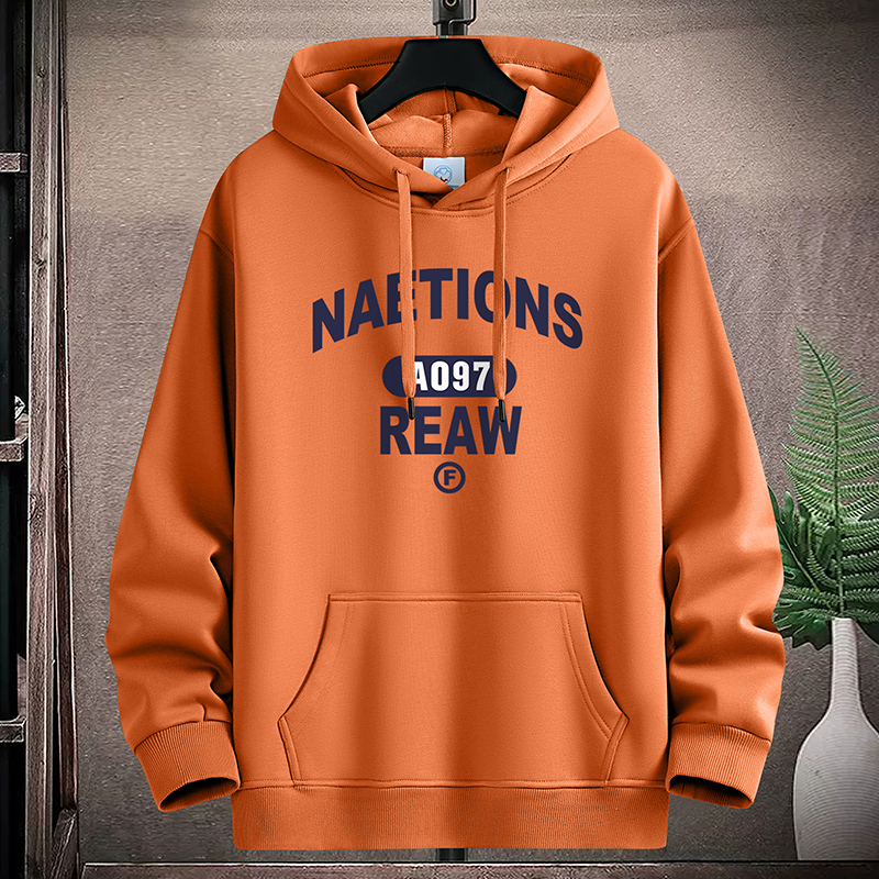 Spring, Autumn and Winter Trendy Brand Printed Hooded Sweatshirt for Men, Loose Fit, Fleece-Lined, Student Kangaroo Pocket, Orange Pullover Hoodie Top