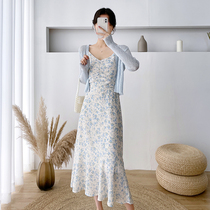 2022 new spring law style first love fish tail snow spinning long dress blue broken flower harnesses one-piece dress two-piece suit female summer