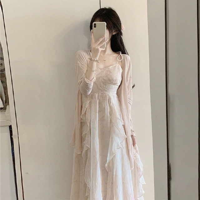 2023 New Gentle Wind Immortal Tea Break French Chiffon Long Dress Floral Sling Dress Two-piece Suit Female Summer