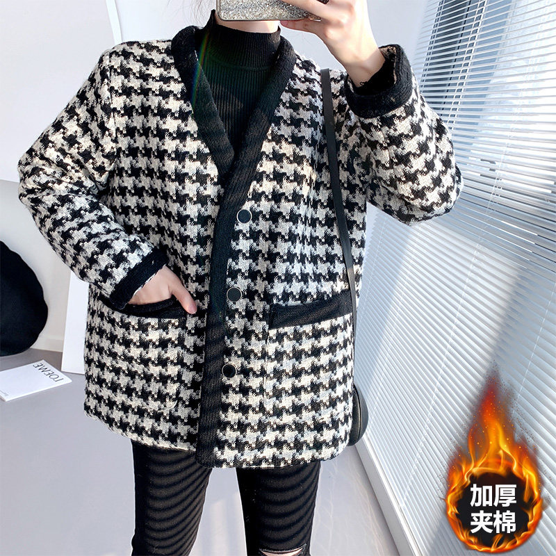 Small fragrant wind thousand bird grid tweed short coat women 2021 new autumn and winter tweed thick cotton coat