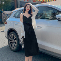 Acetic acid satin black suspender dress female summer wear sexy V-neck French coffee break temperament long skirt