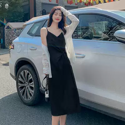 Acetic acid satin black suspender dress women Summer outside sexy V collar French tea break inside temperament long dress