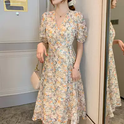 French chiffon floral dress female summer design sense niche waist thin retro long skirt small daisy oil painting skirt