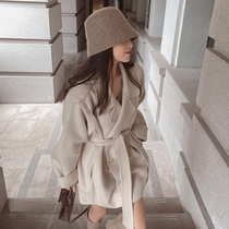 Advanced senses double face cashmere big coat woman mid length 2021 new autumn and winter small subsuit collection waist fur coats