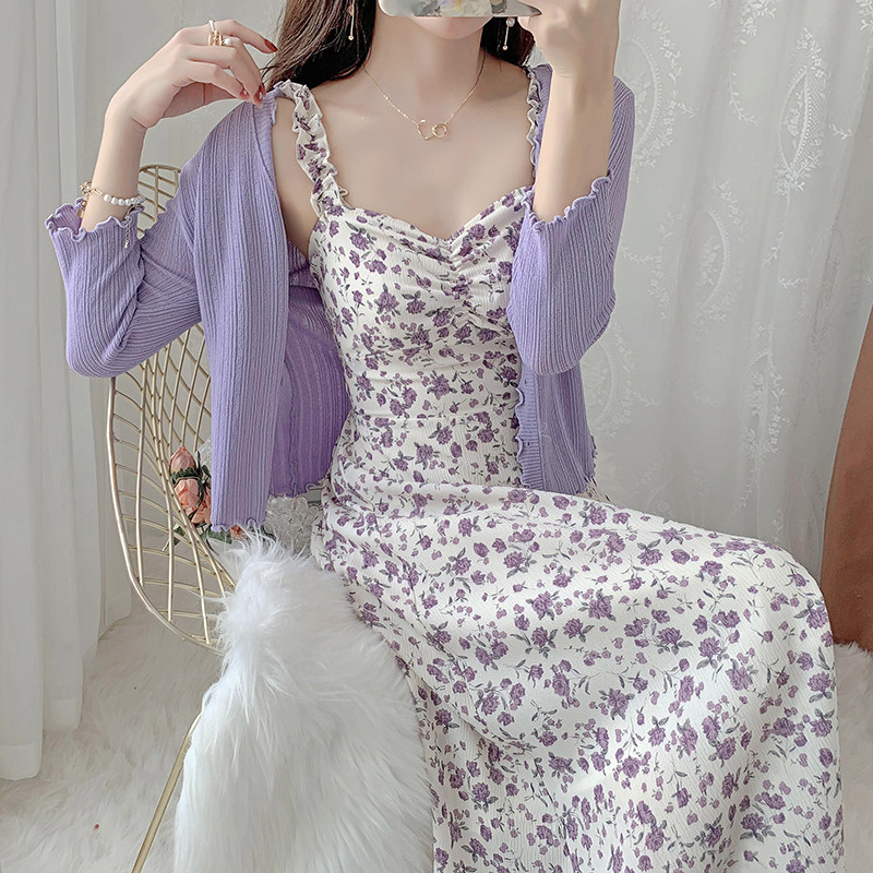 2022 new gentle wind style first love snow spinning long dress purple crushed flower harnesses for women's summer and two style suits