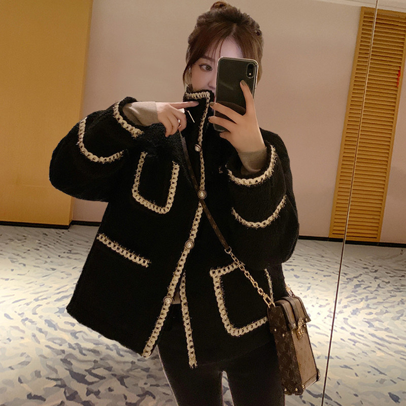 Black Small Scent Wind Lamb Wool Jacket Lady Autumn Winter 2021 New Thickened Add Suede Superior Leather Hair