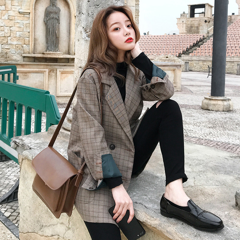 Plaid small suit jacket women's autumn and winter Korean version of loose retro British wind net red casual small suit jacket