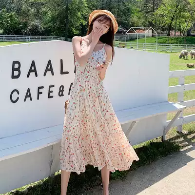 Sweet and gentle wind chiffon floral floral dress female summer 2021 New Super fairy tea break French first love suspender long skirt