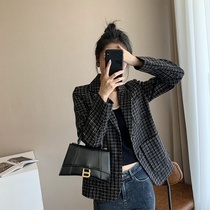 Black Small Scent Wind Jacket Woman Little Guy 2021 Autumn Winter New Fried Street French Style Retro Plaid Rough Flowers Short