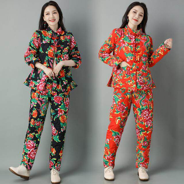 Northeast big flower padded jacket autumn and winter new thickened silk cotton suit female casual ethnic style Chinese retro aunt net red
