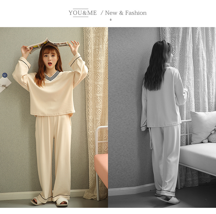Bộ đồ ngủ cổ chữ V mùa xuân và mùa thu ở Nam Cực dành cho nữ dài tay bằng vải cotton mỏng phiên bản Hàn Quốc của công chúa lỏng lẻo gió kích thước lớn phù hợp với dịch vụ gia đình đồ bộ kiểu