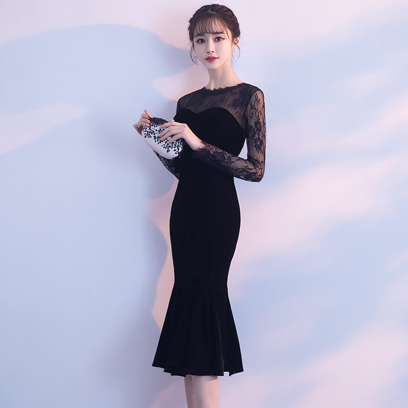 Evening gown woman 2021 new light lavish niche high-end name Yuanyuan Temperament Black Fish Tail Little Subocean Dress