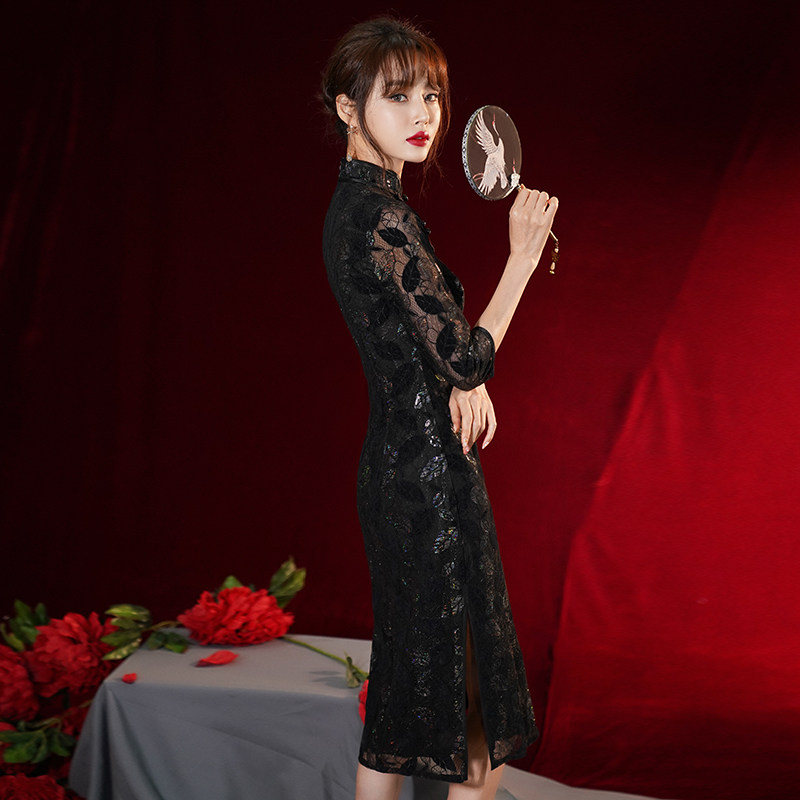 Black modified cheongsam 2021 new summer elegant temperament young long style evening dress dress girl