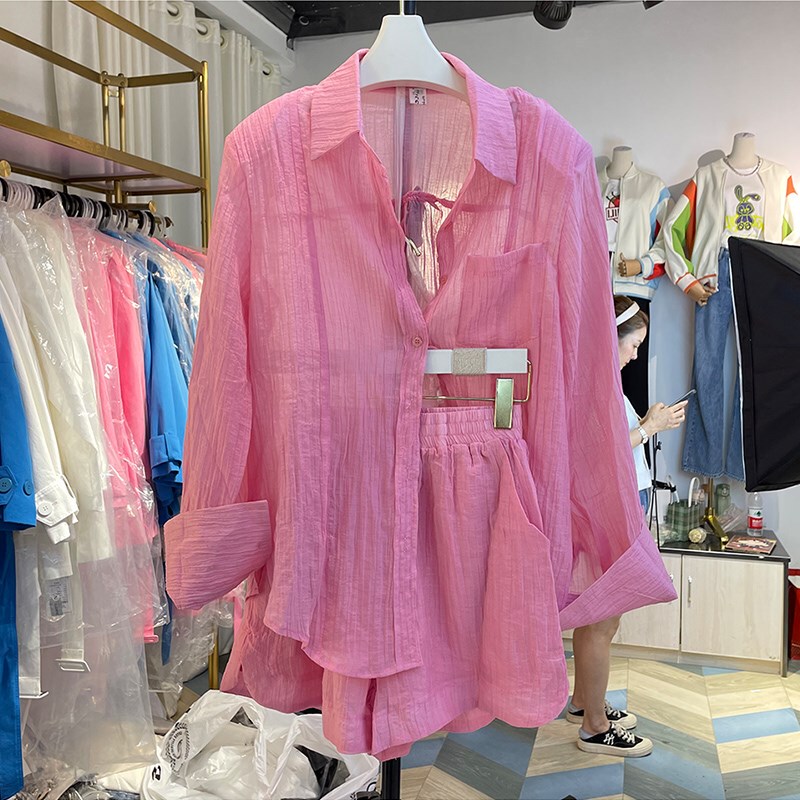 Sanya Seaside Vacation Dress Women's Clothing Yunnan Beach Dress Rose Red Shirt Shorts Set Travel Outfit Vacation Wear