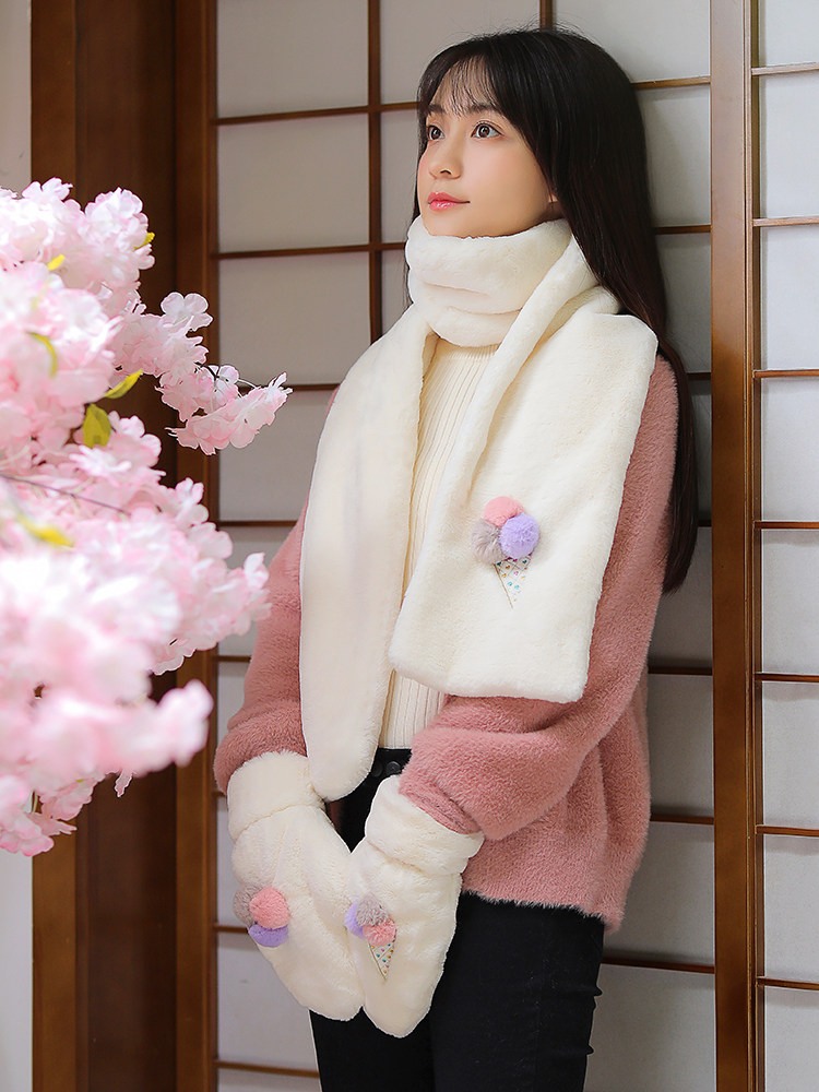 Scarf female winter student Korean version wild thickened plush girl gloves two-piece set gift box