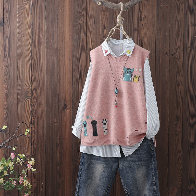 Autumn 2019 new art jacquard wool vest women loose pullover sleeveless vest top sweater waistcoat