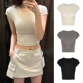 New round neck short-sleeved slim top with front shoulder