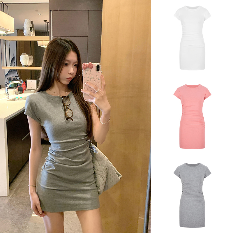 Mosesqueen Round Neck Waist-Cinching Pleated Bodycon Short Skirt Slimming Basic Short-Sleeve Dress
