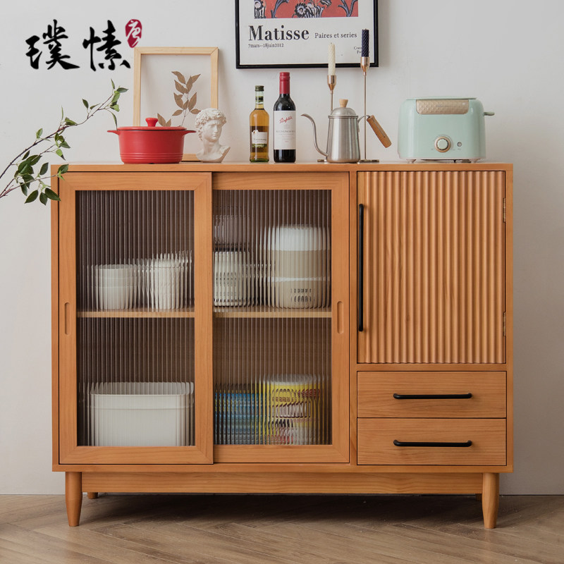 Dining cabinet wine cabinet integrated against the wall modern minimalist Nordic living room storage cabinet solid wood floor Japanese tea cabinet low