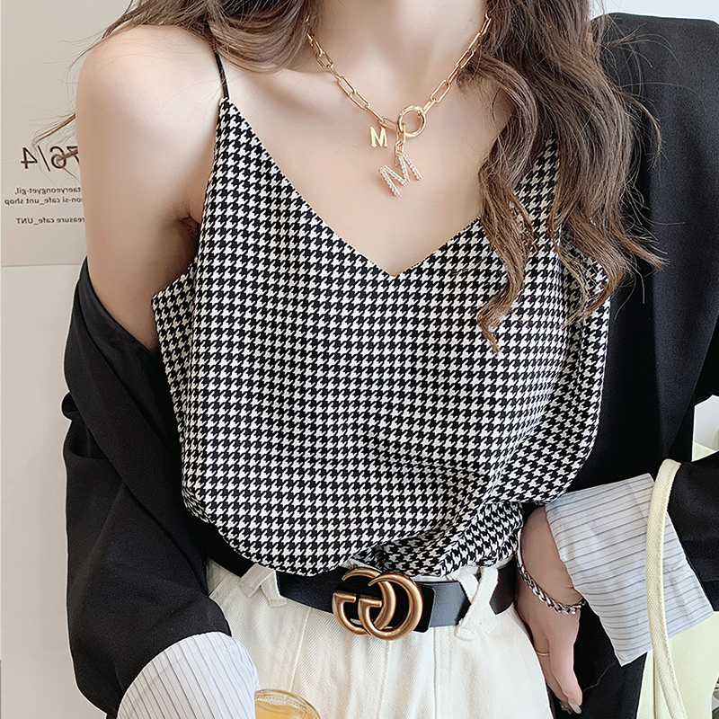Houndstooth V-Neck Camisole with a Sexy Back Design, Popular Style to Wear with a Suit, Leopard Print Outerwear, Base Layer Top