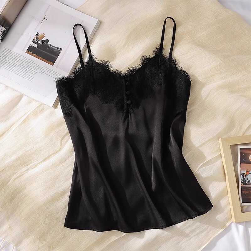 Acetate Satin High-End Camisole with a Feminine Feel, V-Neck, Beautiful Back Design, Lace Trim, Base Layer Top