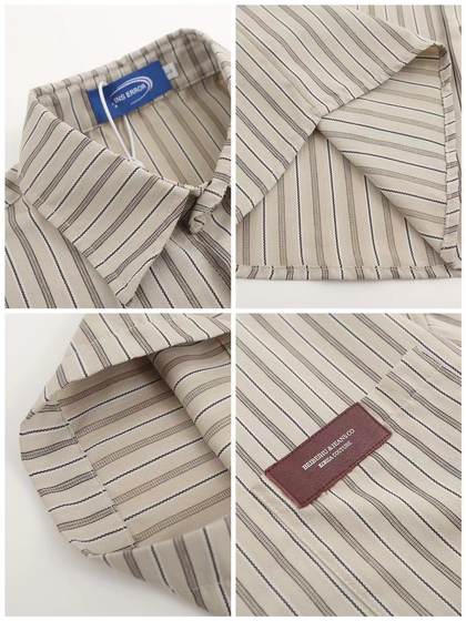 XOL 原创日系条纹翻领短袖衬衫男女小众设计感复古港风chic衬衣夏