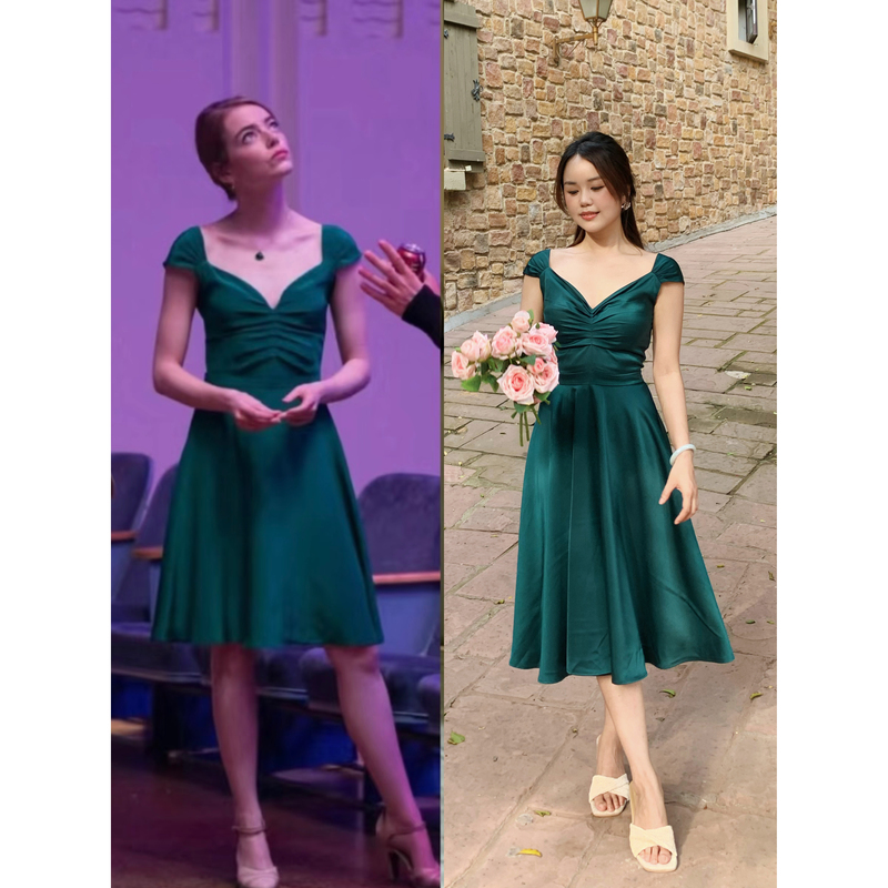 La La Land, the Same Style as Emma Stone, Green Satin Backless V-Neck Dress, Elegant Waist-Cinching Dance Dress
