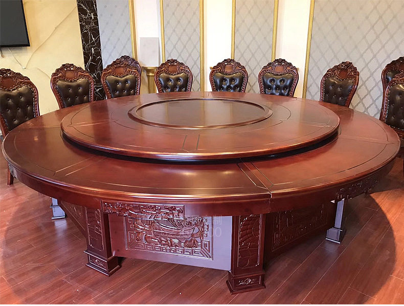 New solid wood carved electric large round table manual round table dining room hotel hotel club 8 people-20 table and chair combination