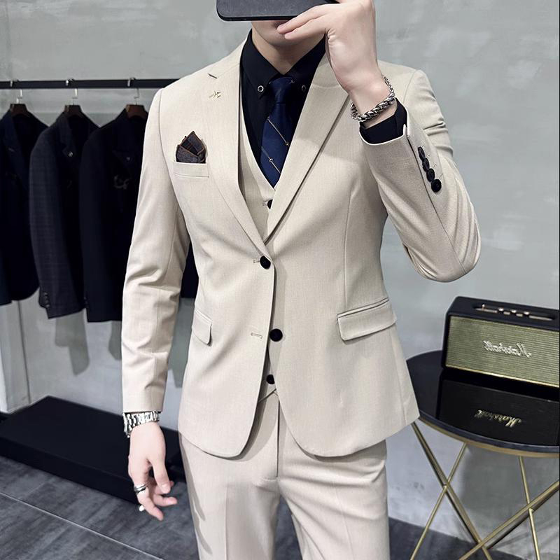 Khaki Double-Breasted Slim-Fit Suit Set for Men, High-End Groomsmen Attire, Korean-Style Casual Blazer