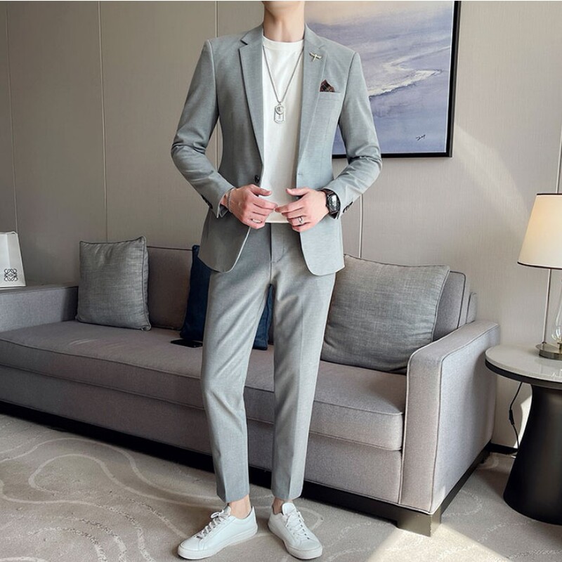 Young Men's Slim-Fit Suit Jacket with a High-End Feel, Korean Style, Casual Suit Set for Teenagers and College Students
