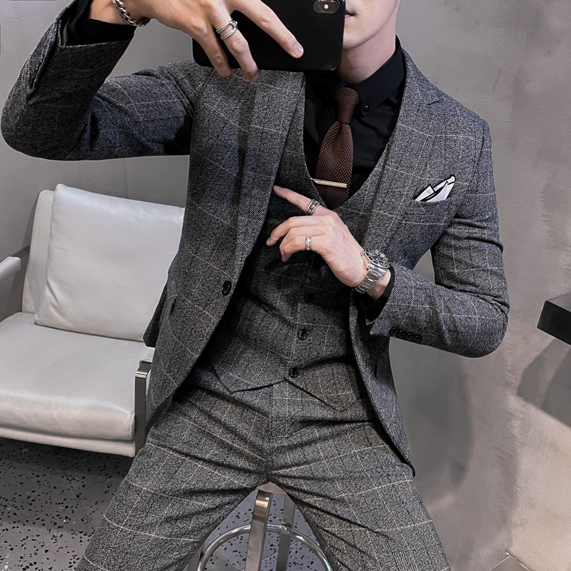 Spring and Autumn Plaid Suit Set for Men, Korean Style Slim Fit, Trendy and Handsome, Retro Small Suit Jacket, British Style Casual