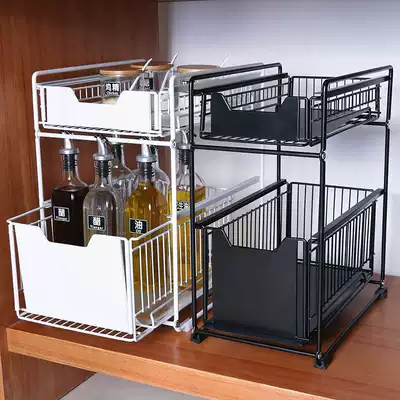 Kitchen lower sink shelf floor standing integral cabinet storage shelf telescopic drawer type double-layer partition seasoning storage cabinet