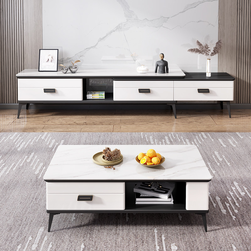 Italian Style Light Lavish Rockboard Tea Table TV Cabinet Combo Modern Minima Small Family Living Room New Telescopic TV Enclosure