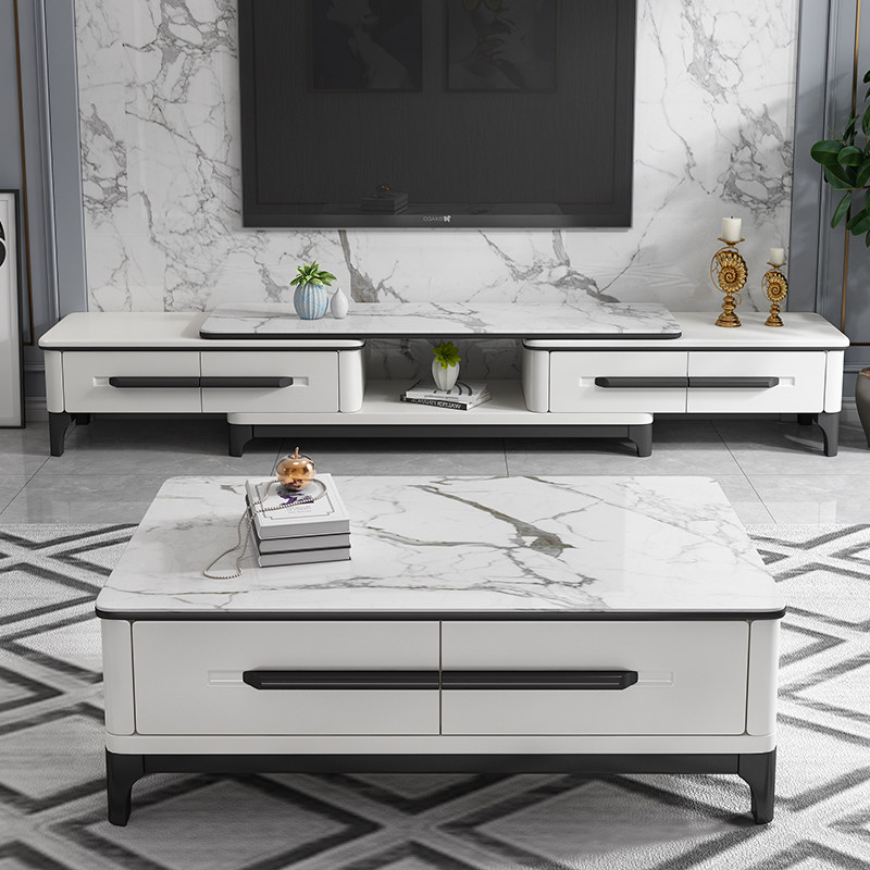 Marble coffee table TV cabinet combination modern simple telescopic small apartment white film and television cabinet light luxury set furniture