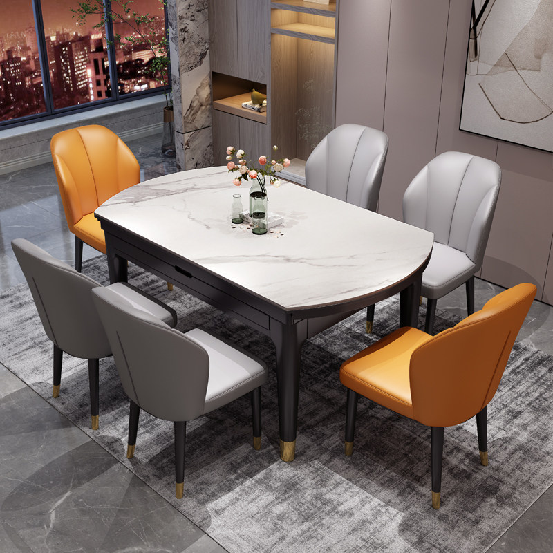 Light extravagant rock plate dining table and chairs combined modern minima home small family type square-round bi-functional solid wood telescopic dining table