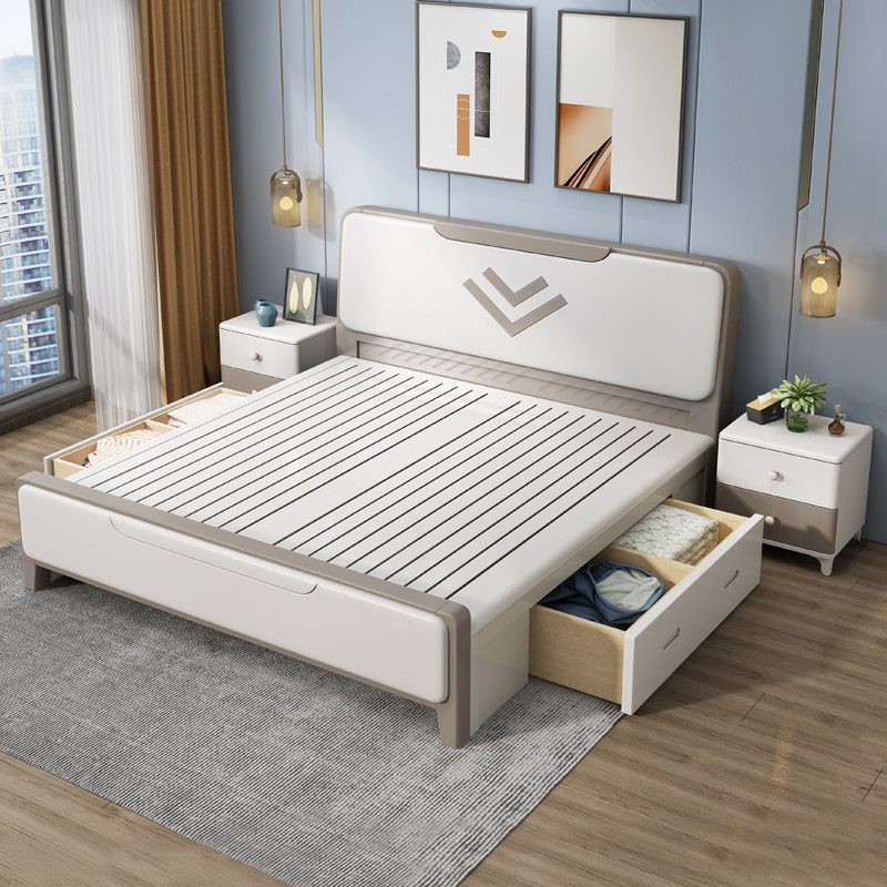White solid wood bed 1 8 m Double master bedroom with large bed modern minimalist small family type 1 5m bright light baking lacquered containing bed