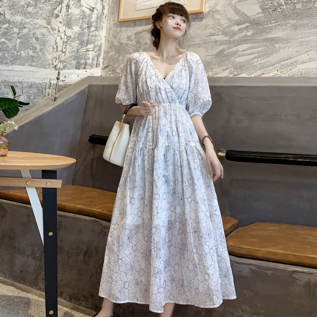 Broken code and orphaned items! Summer French retro V-neck jacquard Korean version of Hepburn style niche waist slimming dress