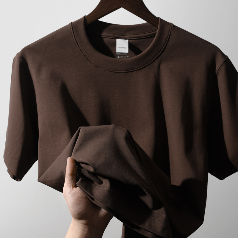 Light Luxury Dark Coffee Color Mercerized Liquid Ammonia Cotton Short-Sleeved T-Shirt for Men, 250g Heavyweight Coffee Color Crew Neck Half-Sleeve Loose Top