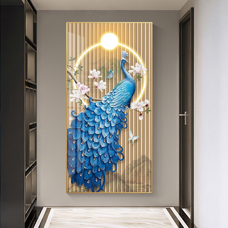Light and luxurious entrance to the family Guan Decorative Painting Corridor Aisle Wall Painting Inlaid Drilling brief New Chinese-style Magic Hanging Painting Auspicious Peacock