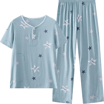 Childrens cotton silk pajamas summer boys long-sleeved loose cartoon large size home clothes set air-conditioned clothes for boys and girls