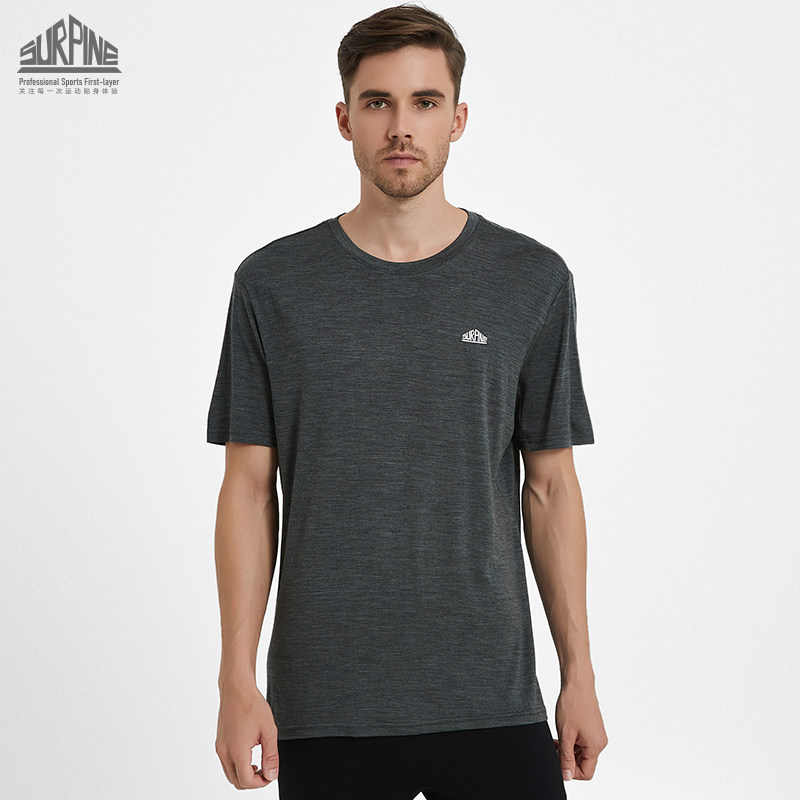 SURPINE men's Merino wool sports short-sleeved T-shirt fitness outdoor perspiration quick-drying round neck top