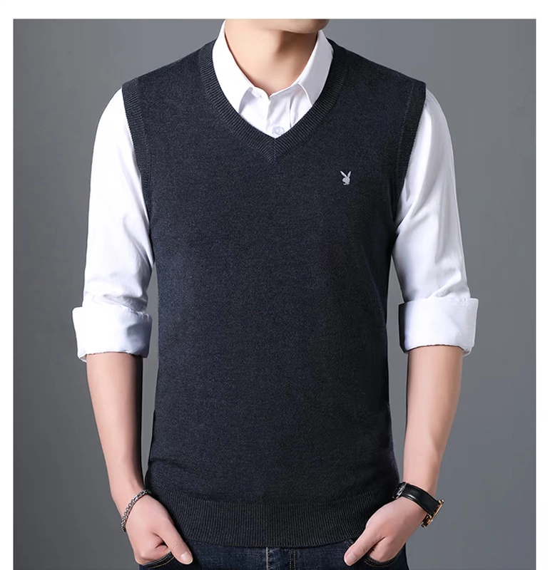 Áo len không tay Playboy nam Slim V-cổ Solid Color Winter Áo ấm áp trẻ trung Hàn Quốc Wave dệt kim