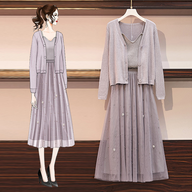 Large size women's clothing 2022 new autumn clothes slightly fat sister reduce age and thin suit Western style mesh dress three-piece suit